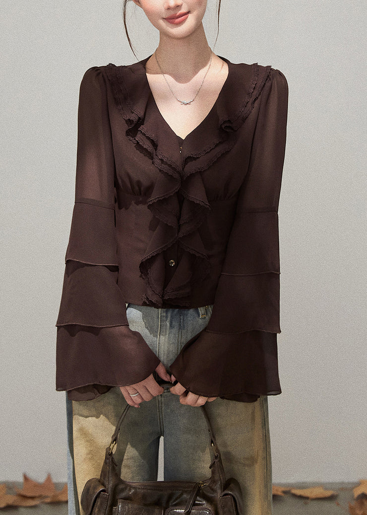 Silm Fit Brown Ruffled Chiffon Shirts Fall