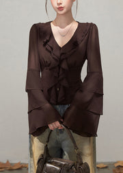 Silm Fit Brown Ruffled Chiffon Shirts Fall