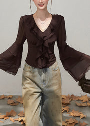 Silm Fit Brown Ruffled Chiffon Shirts Fall