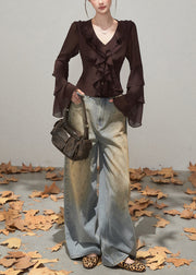 Silm Fit Brown Ruffled Chiffon Shirts Fall