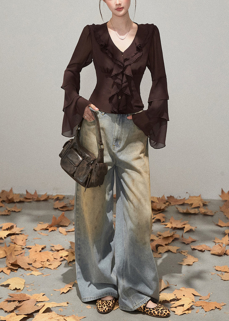 Silm Fit Brown Ruffled Chiffon Shirts Fall
