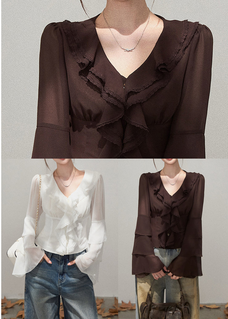 Silm Fit Brown Ruffled Chiffon Shirts Fall