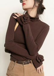 Silm Fit Brown Turtle Neck Flower Decorated Cotton Shirt Fall