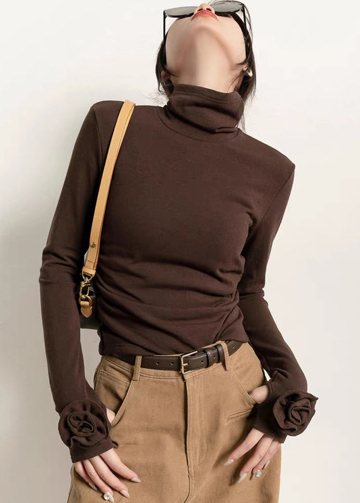 Silm Fit Brown Turtle Neck Flower Decorated Cotton Shirt Fall
