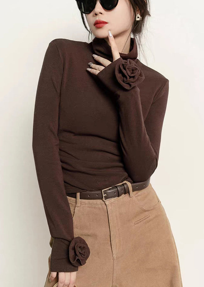 Silm Fit Brown Turtle Neck Flower Decorated Cotton Shirt Fall