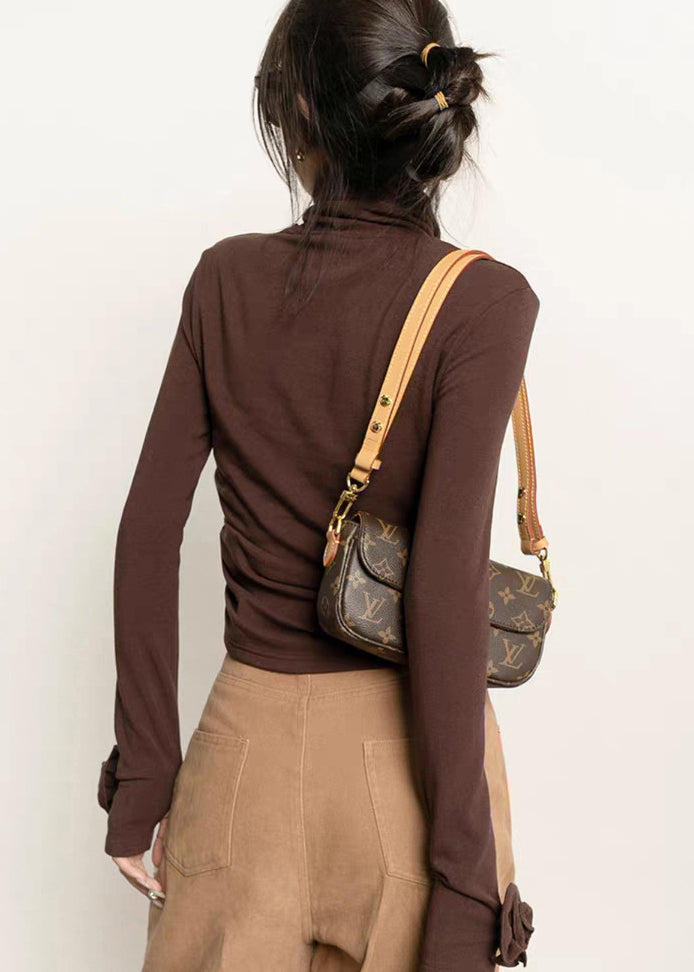 Silm Fit Brown Turtle Neck Flower Decorated Cotton Shirt Fall