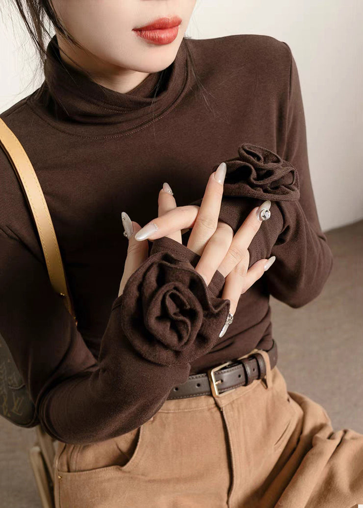Silm Fit Brown Turtle Neck Flower Decorated Cotton Shirt Fall