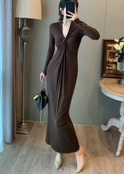 Silm Fit Chocolate V Neck Wrinkled Cotton Straight Dress Fall