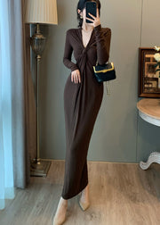 Silm Fit Chocolate V Neck Wrinkled Cotton Straight Dress Fall