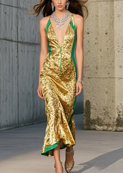 Silm Fit Golden Deep-V Neck Wraped Halter Sundress