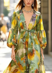 Silm Fit Grass Green V Neck Print Cotton Maxi Dresses Spring