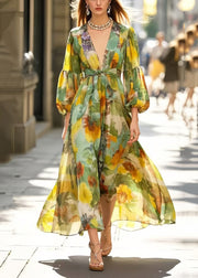 Silm Fit Grass Green V Neck Print Cotton Maxi Dresses Spring