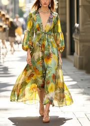 Silm Fit Grass Green V Neck Print Cotton Maxi Dresses Spring