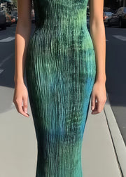 Silm Fit Green Tie Dye Wrinkled Silk Party Dresses Sleeveless
