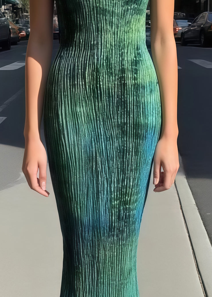 Silm Fit Green Tie Dye Wrinkled Silk Party Dresses Sleeveless
