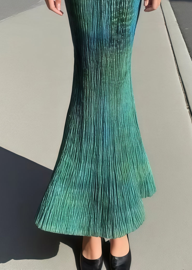 Silm Fit Green Tie Dye Wrinkled Silk Party Dresses Sleeveless