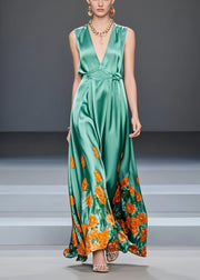 Silm Fit Green V Neck Print Silk Vacation Dresses Sleeveless