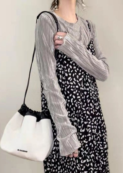 Silm Fit Grey O-Neck Wrinkled Womens Shirt Fall