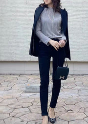 Silm Fit Grey O-Neck Wrinkled Womens Shirt Fall
