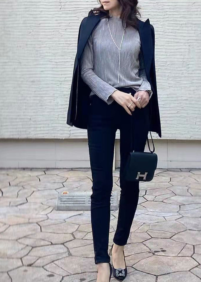 Silm Fit Grey O-Neck Wrinkled Womens Shirt Fall