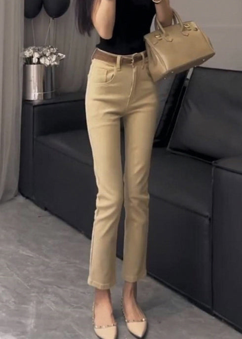 Silm Fit Khaki High Waist Cotton Crop Pants Fall