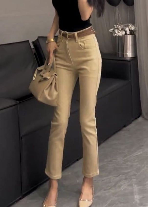 Silm Fit Khaki High Waist Cotton Crop Pants Fall