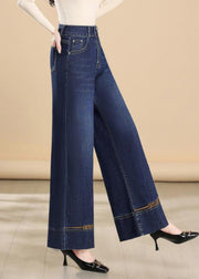 Silm Fit Navy Embroidered Denim Wide Leg Pants Summer