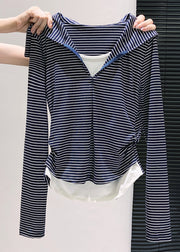 Silm Fit Navy Striped Patchwork Cotton Fake Two Piece Tops Fall