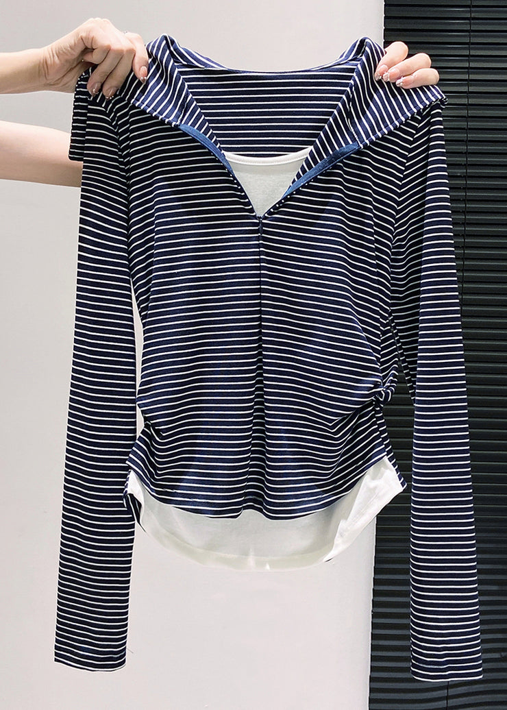 Silm Fit Navy Striped Patchwork Cotton Fake Two Piece Tops Fall