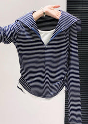 Silm Fit Navy Striped Patchwork Cotton Fake Two Piece Tops Fall