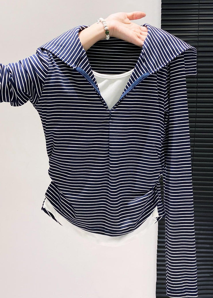 Silm Fit Navy Striped Patchwork Cotton Fake Two Piece Tops Fall