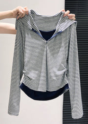Silm Fit Navy Striped Patchwork Cotton Fake Two Piece Tops Fall