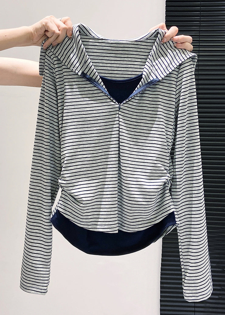 Silm Fit Navy Striped Patchwork Cotton Fake Two Piece Tops Fall