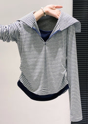 Silm Fit Navy Striped Patchwork Cotton Fake Two Piece Tops Fall