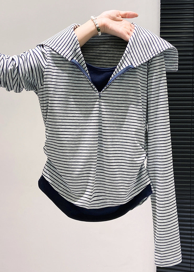 Silm Fit Navy Striped Patchwork Cotton Fake Two Piece Tops Fall