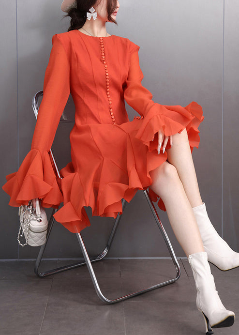 Silm Fit Orange Exra Large Hem Chiffon Party Dress Flare Sleeve
