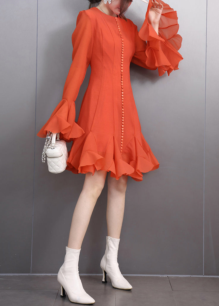 Silm Fit Orange Exra Large Hem Chiffon Party Dress Flare Sleeve