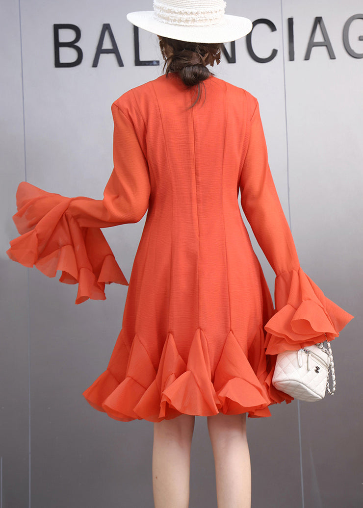 Silm Fit Orange Exra Large Hem Chiffon Party Dress Flare Sleeve