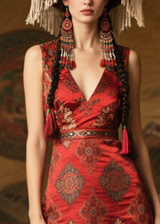 Silm Fit Red Print Side Open Silk Dress Sleeveless
