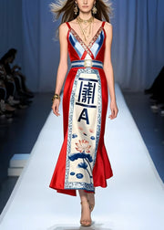 Silm Fit Red V Neck Print Silk Mini Dress Summer