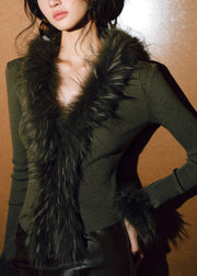 Silm Fit Tea Green V Neck Patchwork Fox Fur Knit Top Winter