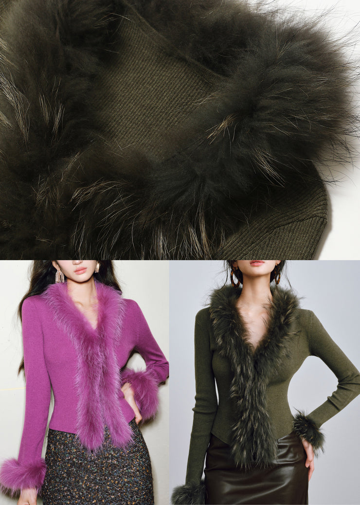 Silm Fit Tea Green V Neck Patchwork Fox Fur Knit Top Winter