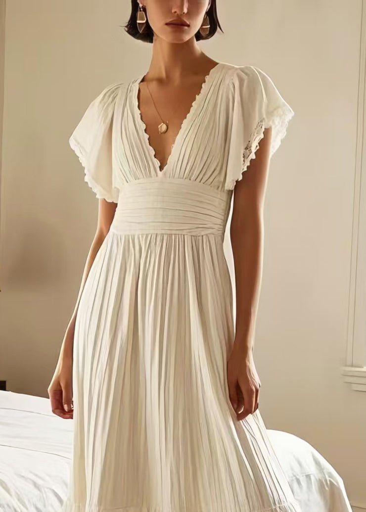 Silm Fit White Patchwork Lace Pleated Dress Summer