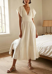 Silm Fit White Patchwork Lace Pleated Dress Summer