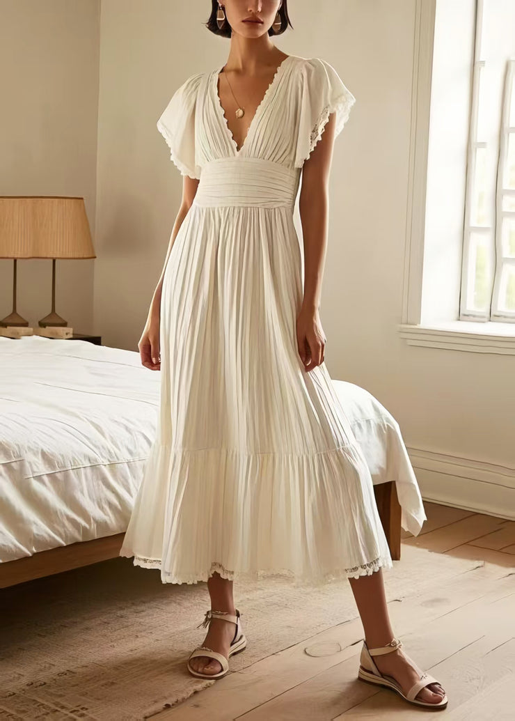 Silm Fit White Patchwork Lace Pleated Dress Summer