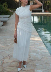 Silm Fit White Patchwork Wrinkled Cotton Wraped Dress Sleeveless