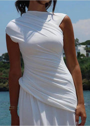 Silm Fit White Patchwork Wrinkled Cotton Wraped Dress Sleeveless