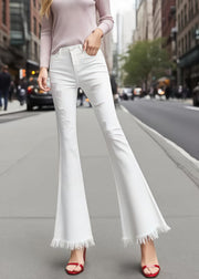 Silm Fit White Tasseled Ripped Denim Bell-bottom Trousers Summer