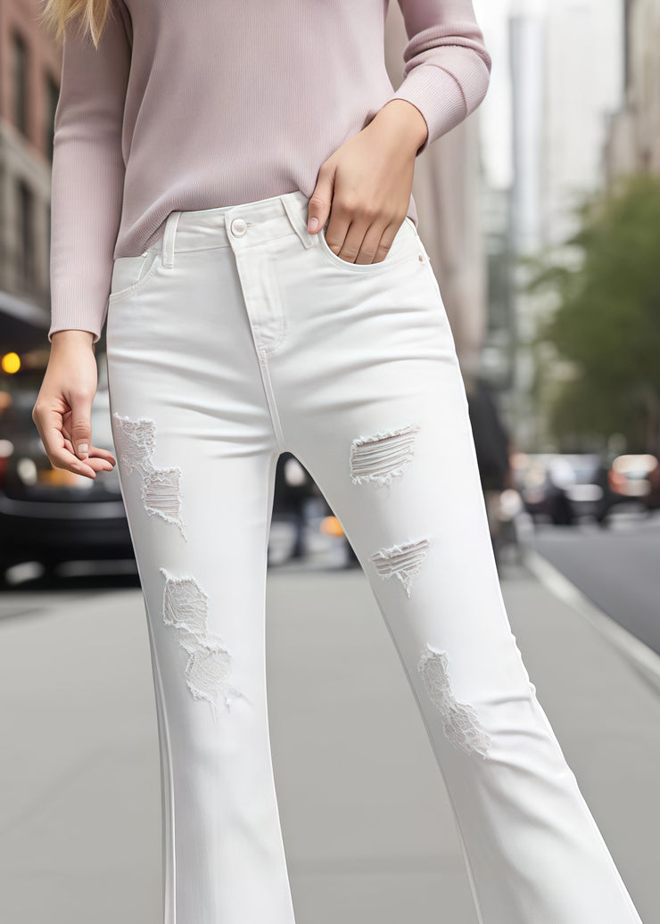 Silm Fit White Tasseled Ripped Denim Bell-bottom Trousers Summer