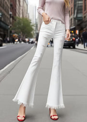 Silm Fit White Tasseled Ripped Denim Bell-bottom Trousers Summer